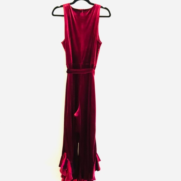 BETSEY JOHNSON Burgundy Flared Ruffle Leg Velvet Jumpsuit Sz 12 - Picture 7 of 10